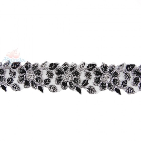 EL1111A Embroidery Lace Black Silver - 1 Meter