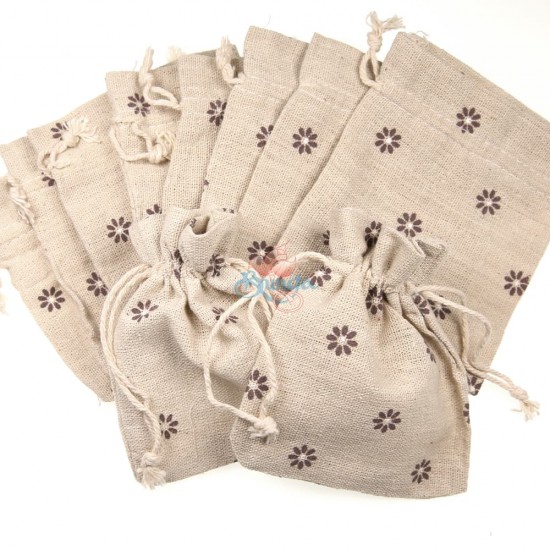 Small Flower Cotton Linen Pouch Natural (9.5cm x 11.5cm) - 10pcs